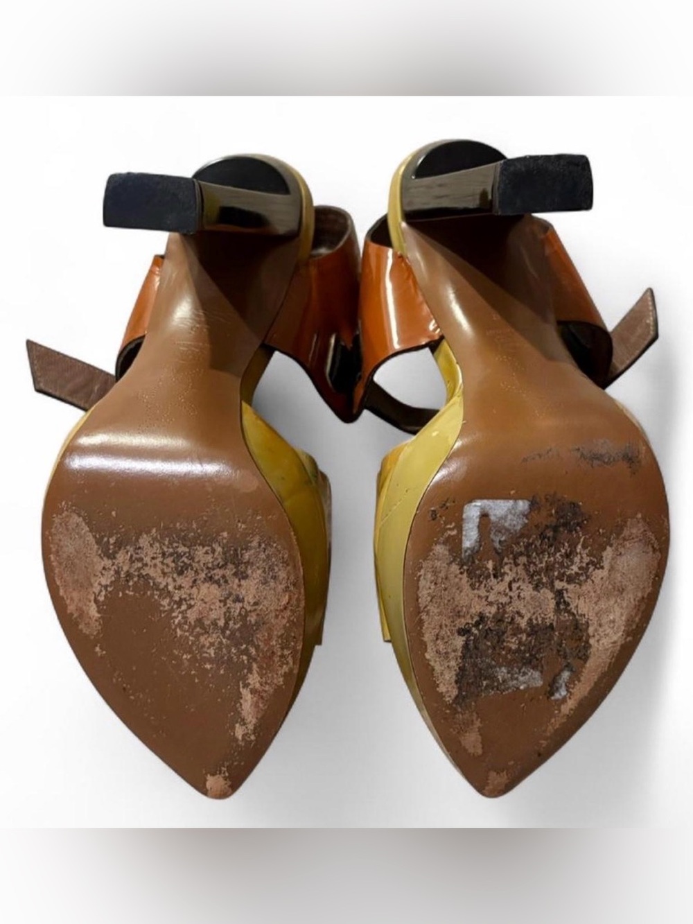Marni Brown Yellow Ochre Black Patent Leather Platform Heels Buckles Sz 36/US 6 - Picture 8 of 11
